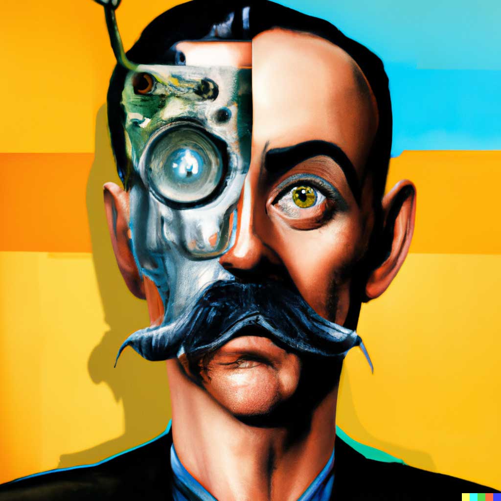 Variation of DALL·E 2 generation of a portrait painting of Salvador Dalí with a robotic half face