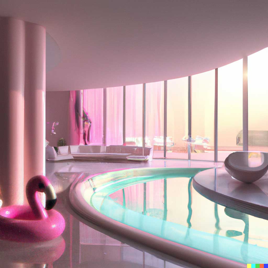 DALL·E 2 generation of an indoor swimming pool surrounded by glass windows, with a pink flamingo floatie on the left side