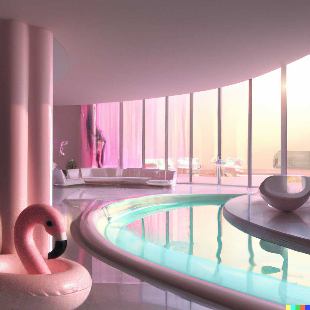 DALL·E 2 generation of an indoor swimming pool surrounded by glass windows, with a pink flamingo floatie on the left side