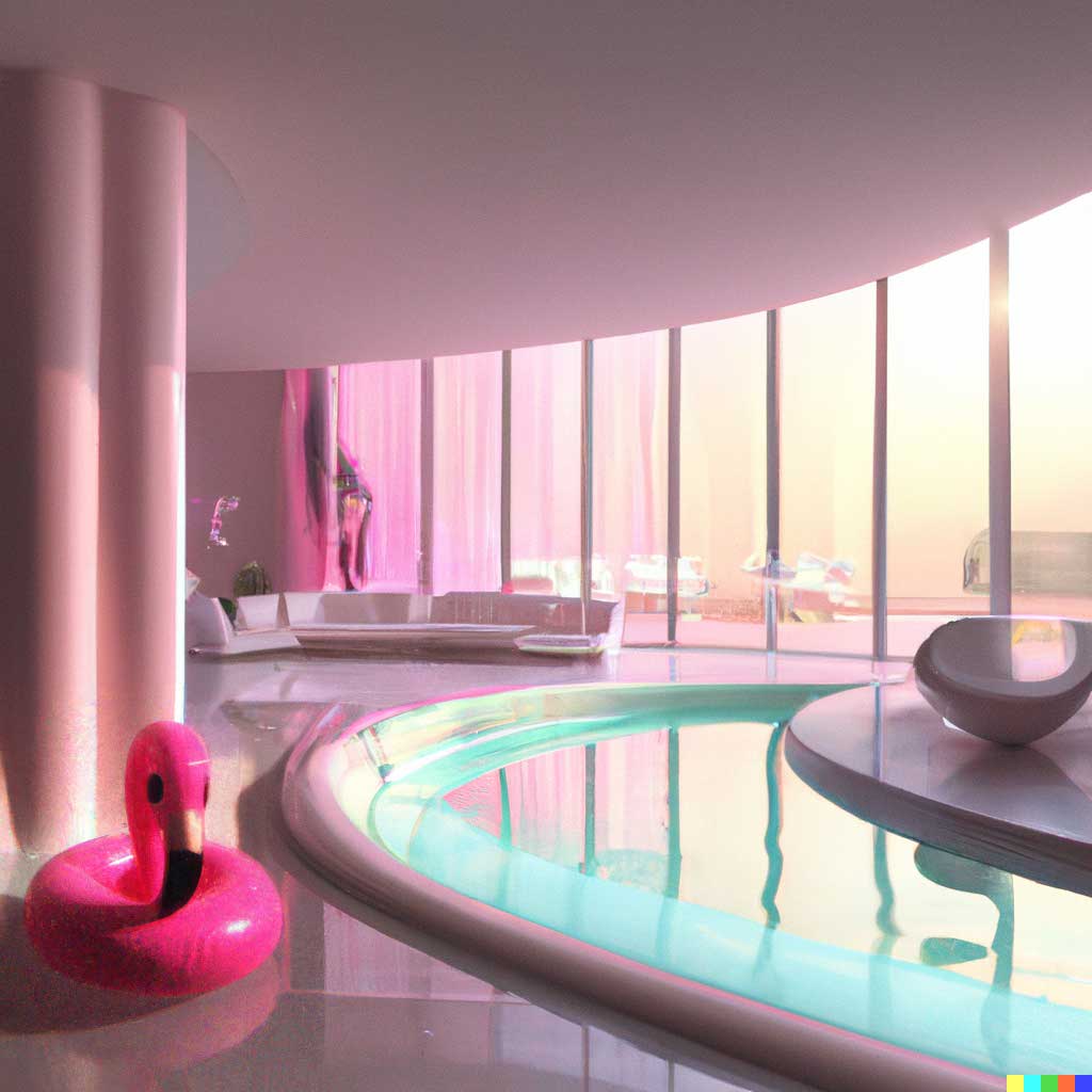 DALL·E 2 generation of an indoor swimming pool surrounded by glass windows, with a pink flamingo floatie on the left side