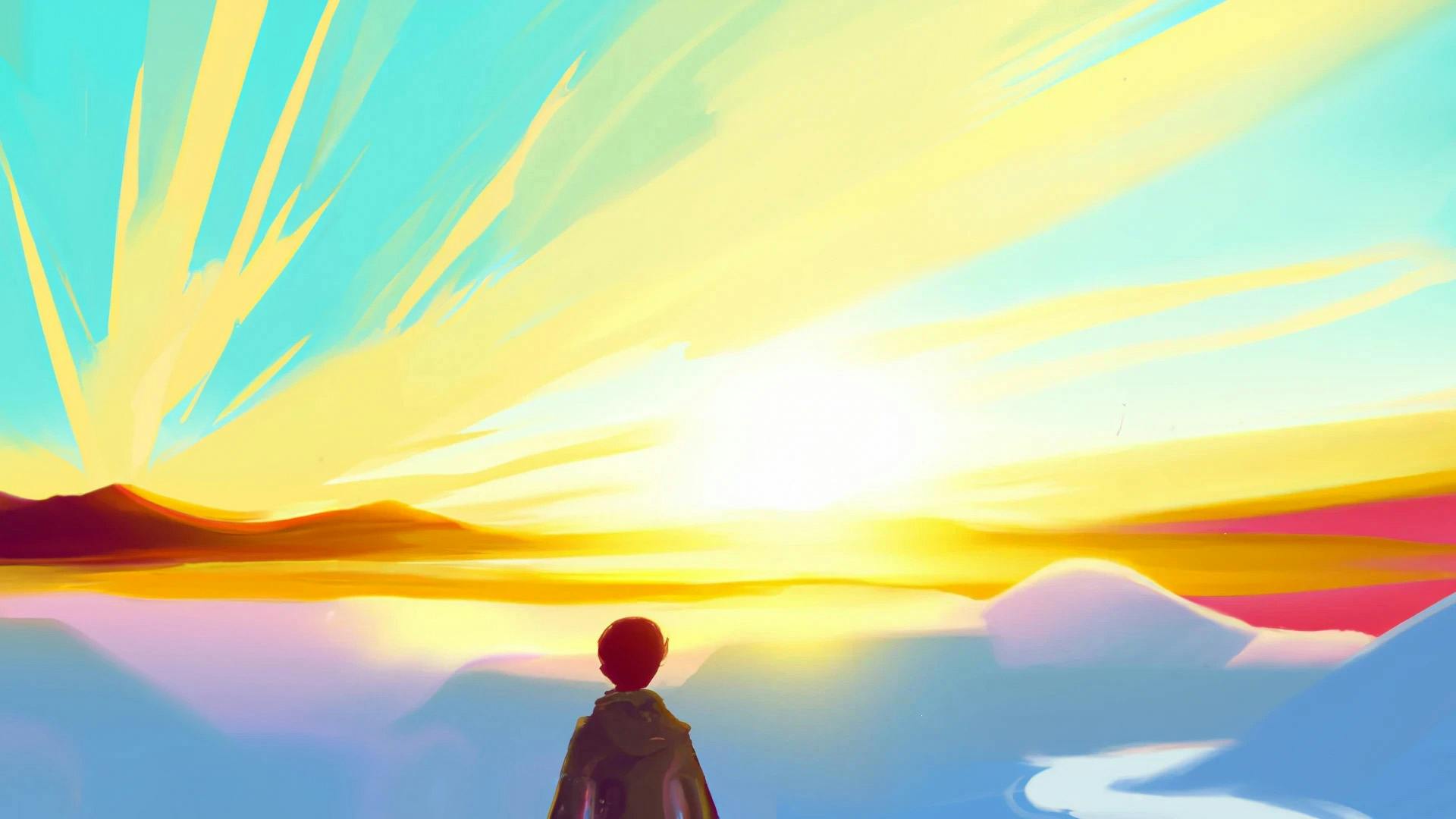 A digital painting of a boy looking into the sunrise over the horizon, generated by DALL·E 2