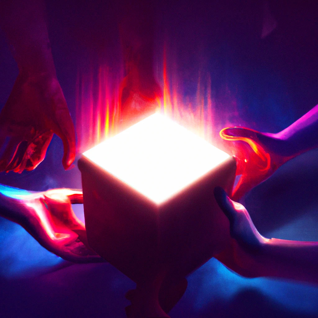 Digital artwork of human hands supporting a glowing cube, generated by DALL·E 2
