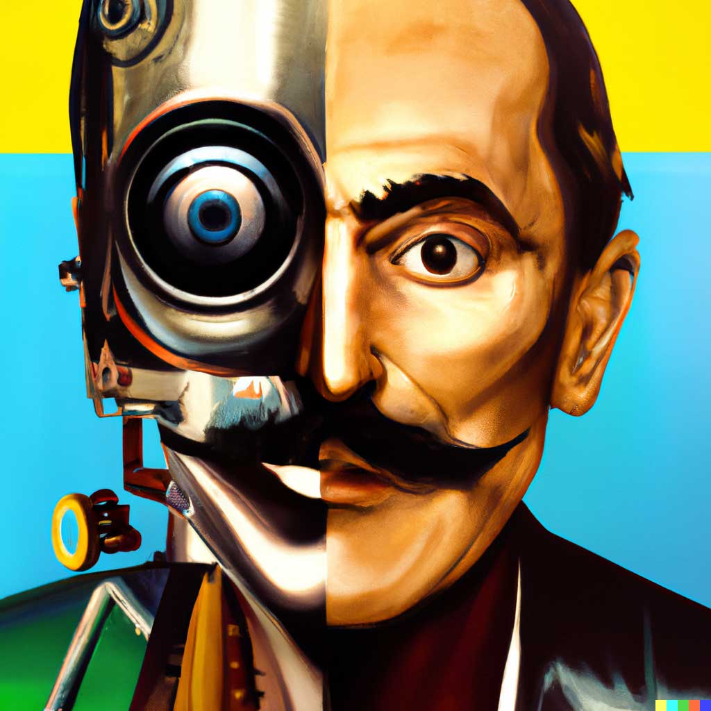 Variation of DALL·E 2 generation of a portrait painting of Salvador Dalí with a robotic half face