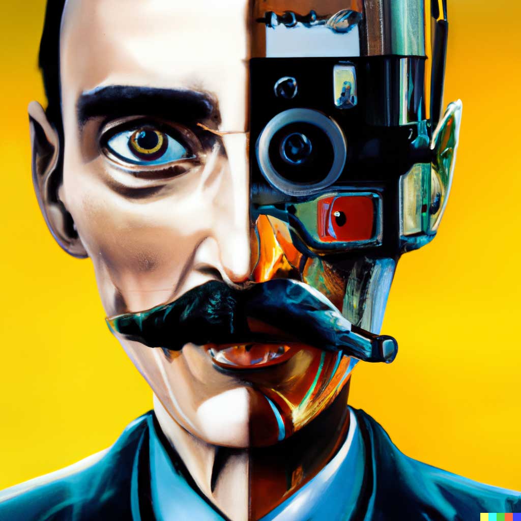 Variation of DALL·E 2 generation of a portrait painting of Salvador Dalí with a robotic half face