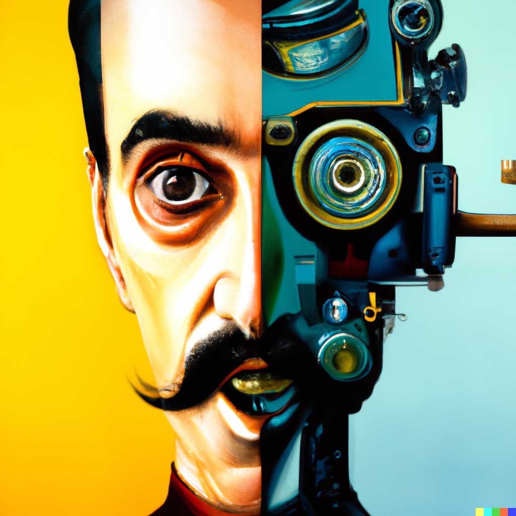 Variation of DALL·E 2 generation of a portrait painting of Salvador Dalí with a robotic half face