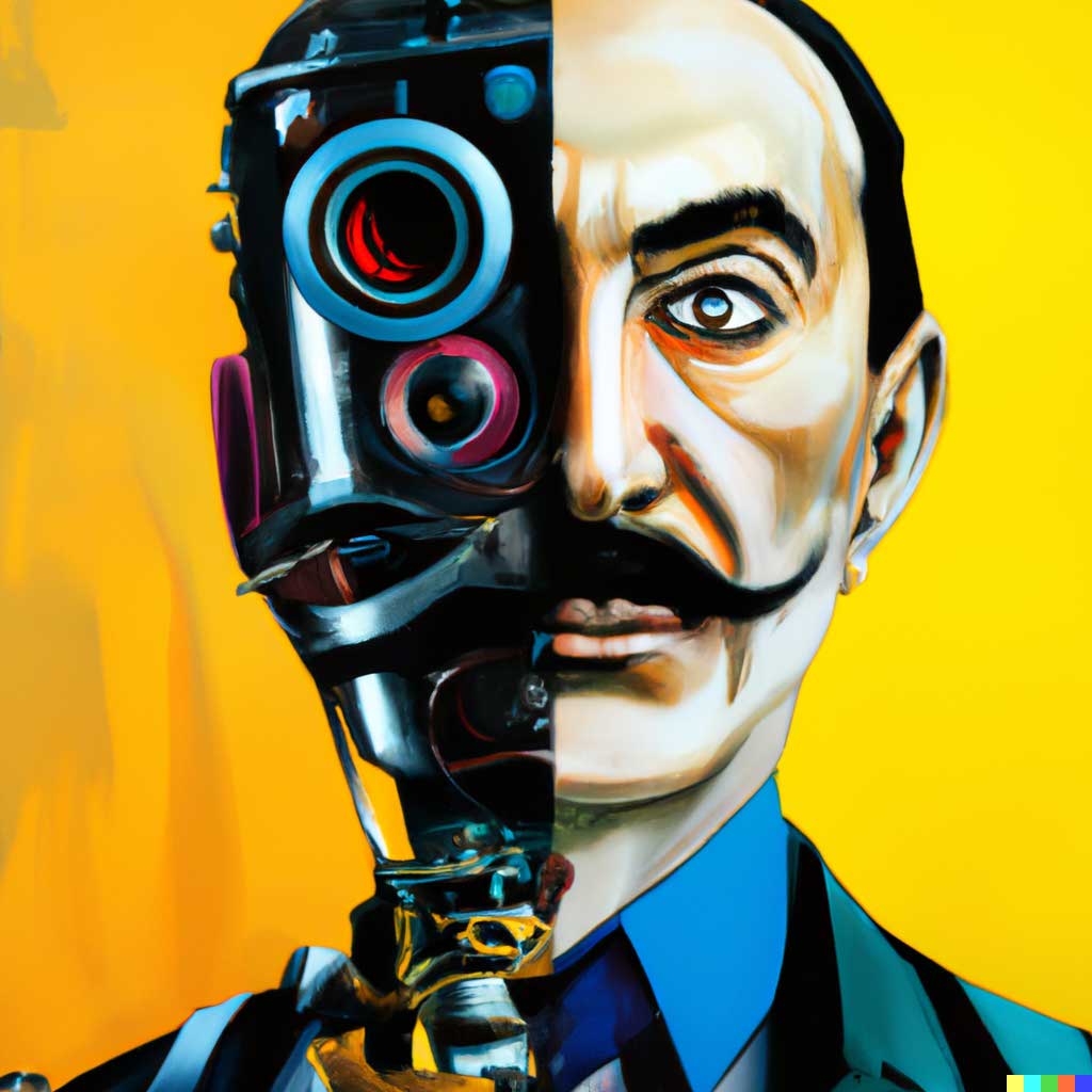 Variation of DALL·E 2 generation of a portrait painting of Salvador Dalí with a robotic half face
