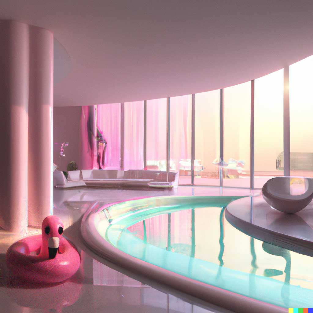 DALL·E 2 generation of an indoor swimming pool surrounded by glass windows, with a pink flamingo floatie on the left side