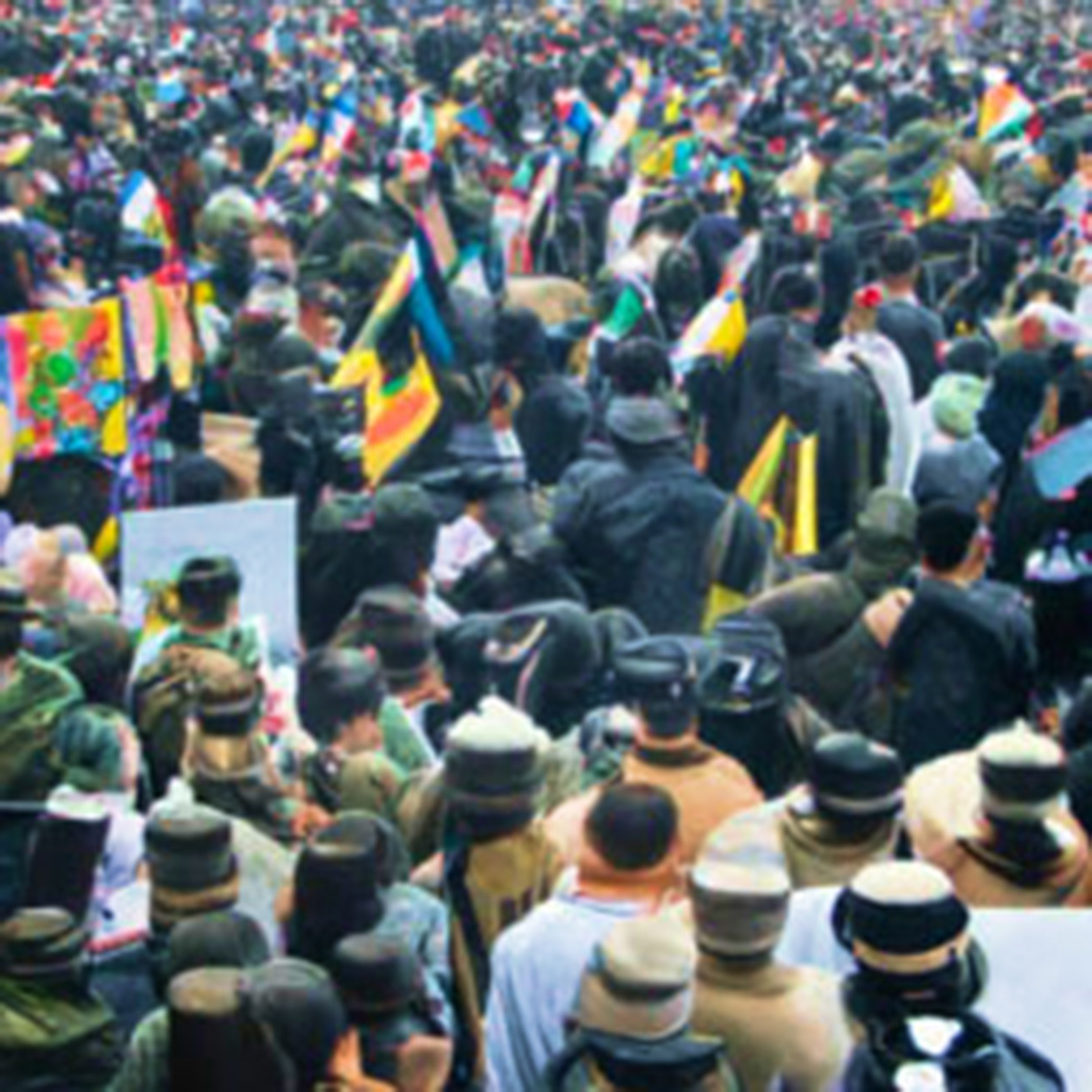 An aerial view of a crowd of people facing away, wearing hats and bearing flags