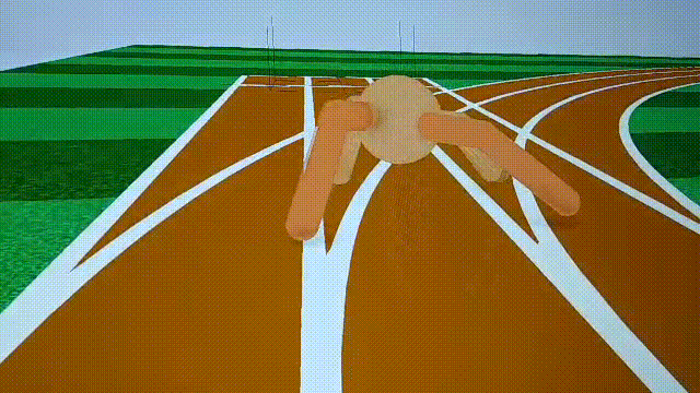 3D render of a four-limbed robot running on a track and field
